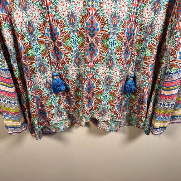 Sundance Andalusia Peasant Top Size Medium Split Neck Boho Tassels Bell Sleeves - Picture 8 of 9